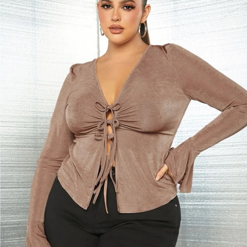 SXY Plus Tie Front Flounce Sleeve top